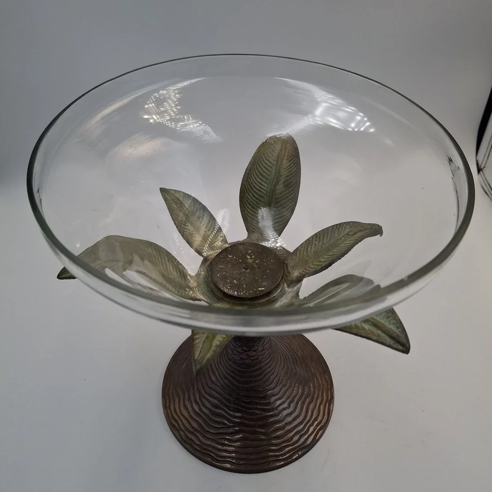 Vintage Brass Palm Tree Glass Compote Bowl Centerpiece Hollywood Regency 80s